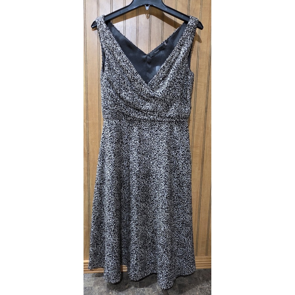 Tahari Tweed Midi Dress Women Sz 10 Black White Fit Flare V Neck Sleeveless NWT
